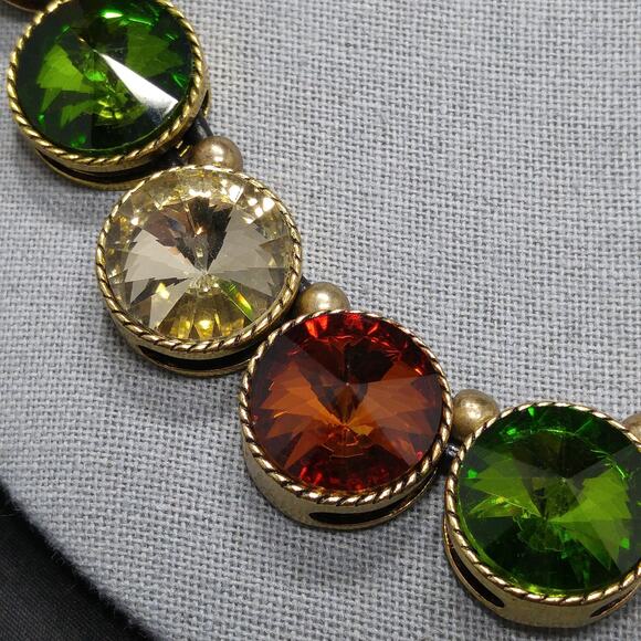 Vintage Rivoli Rhinestone Leather Necklace, Large Orange Green Clear Rhinestones - Picture 8 of 10